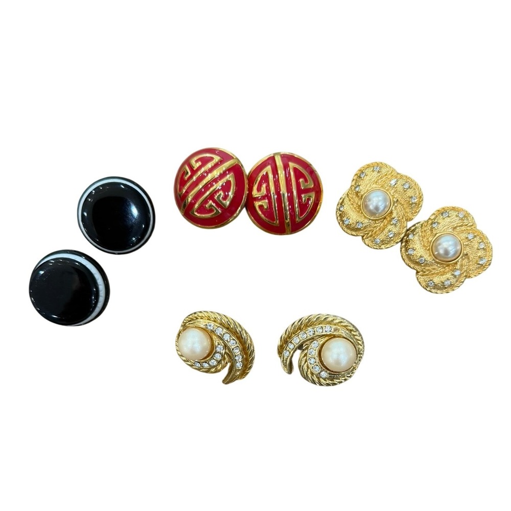 Vintage Clip Earrings Lot 4 Pairs Faux Pearl Rhinestone Enamel Gold Tone Retro